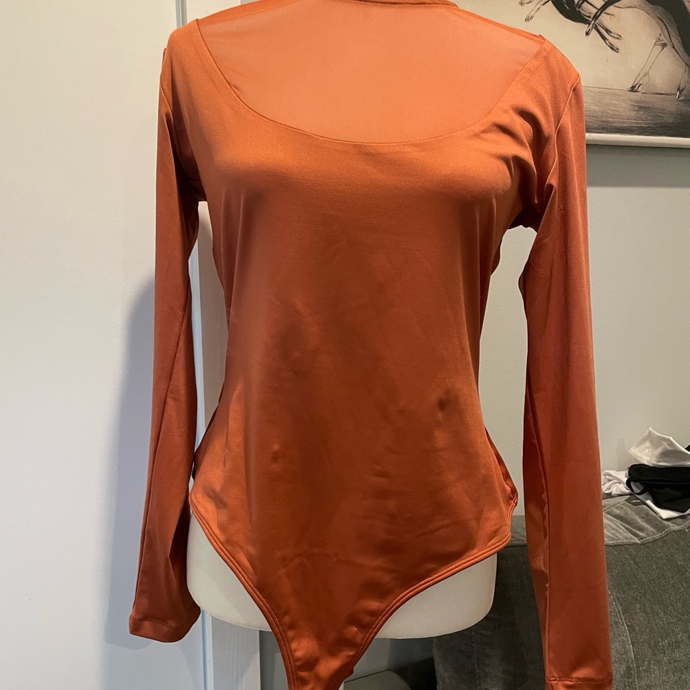 New York & Company Rust Long Sleeve Bodysuit